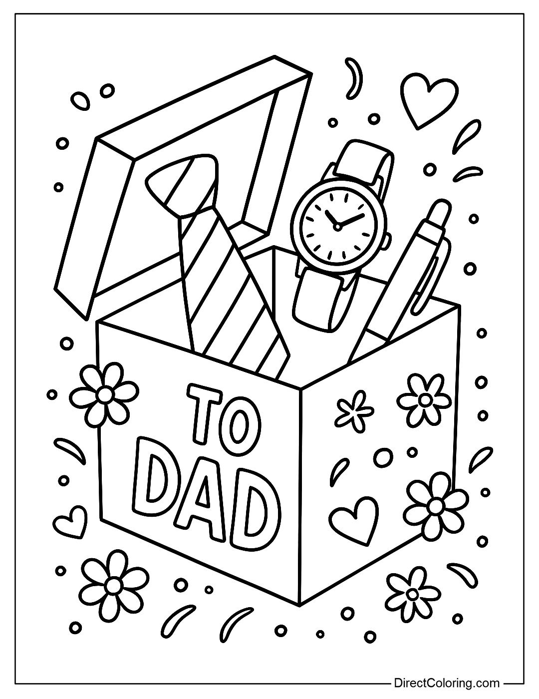 An open gift box coloring page with a tie, pen, or watch and the white 